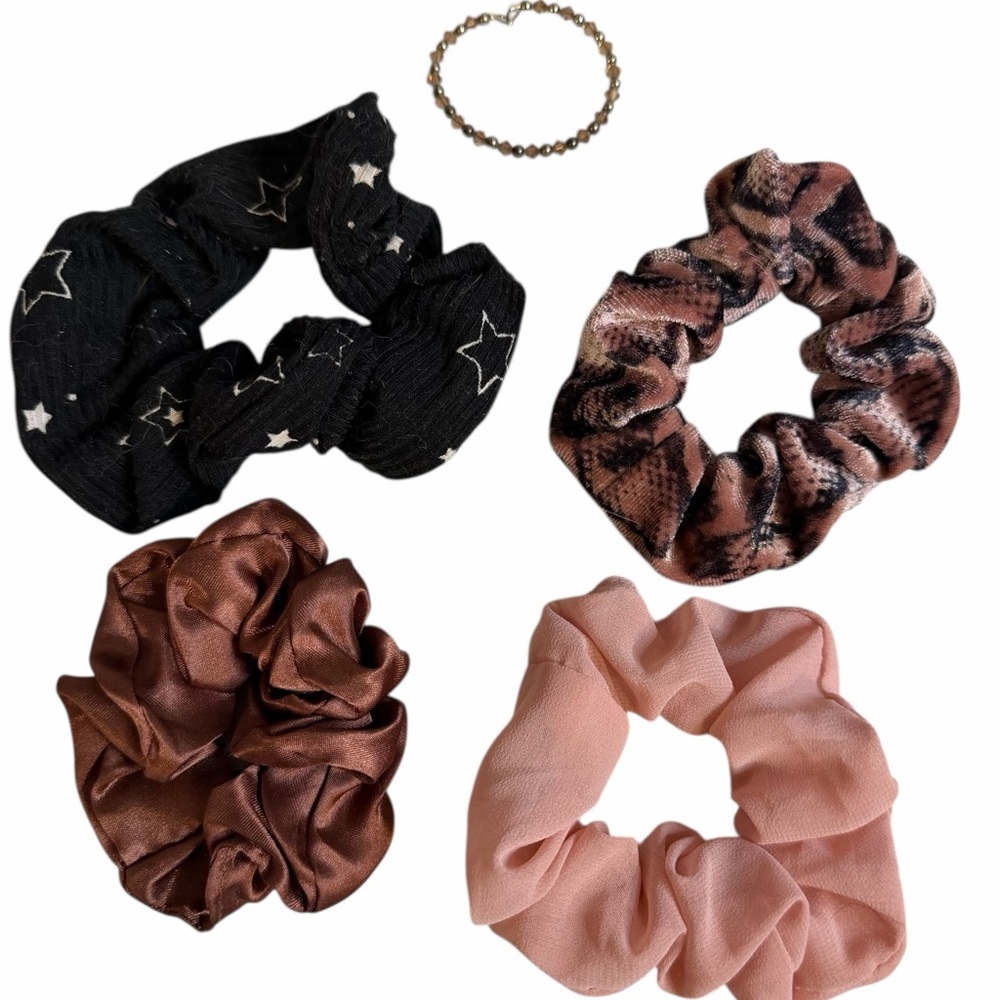4 Stylish Scrunchies & Sparkly Beaded Hair Accessory - Black, Brown, Pink